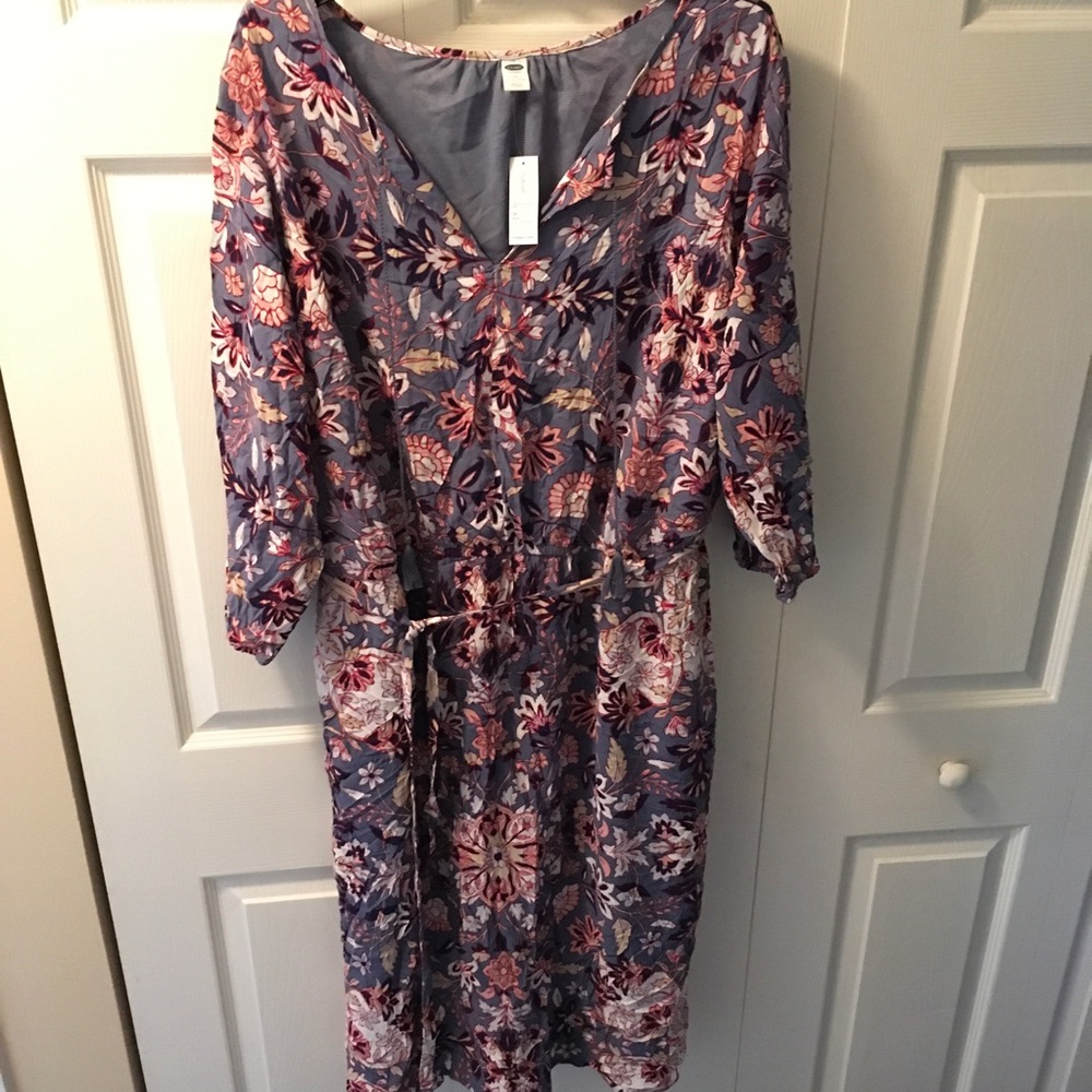 Blue, pink, tan boho dress, midi length